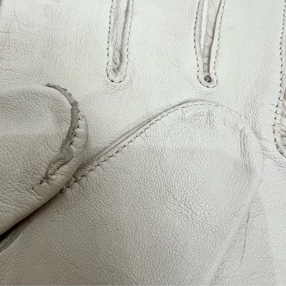 Vtg midcentury beige leather decorative lacing wrist length driving gloves 7 1/2